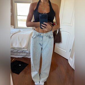 WeWoreWhat high waisted light wash jeans with side slit